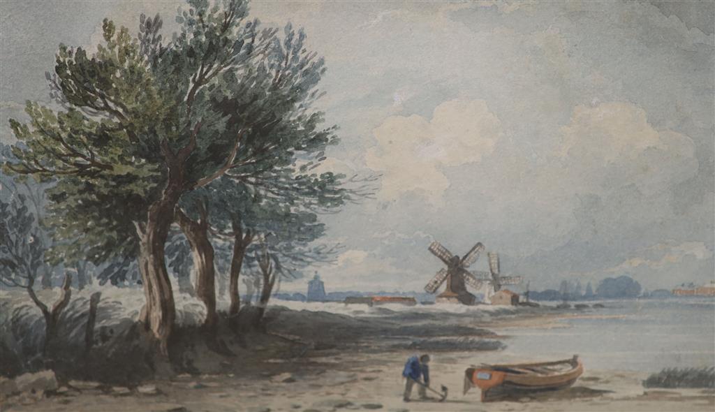 John Varley (1778-1842), watercolour, Millbank, Manning Gallery label verso, 15 x 23cm